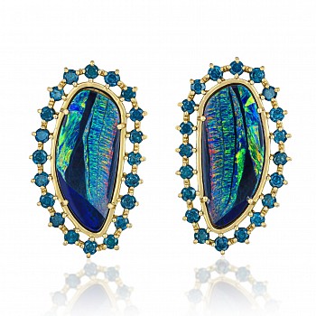 Lynne Mercein -&nbsp;Peacock  - Boulder opal and blue diamonds earrings